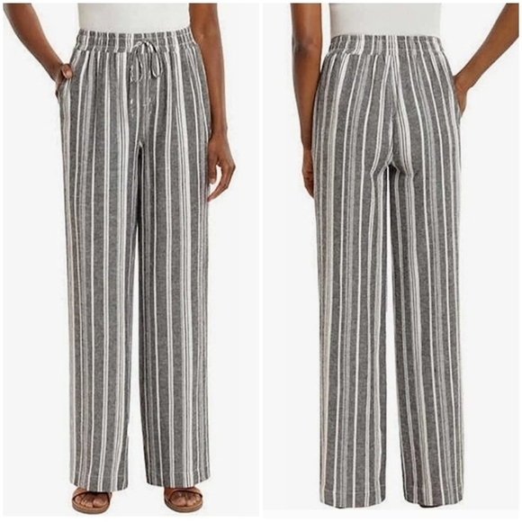 Briggs Women’s Linen Blend Wide Leg Pull-On Pants Grey/White Stripe Size L - Picture 3 of 9